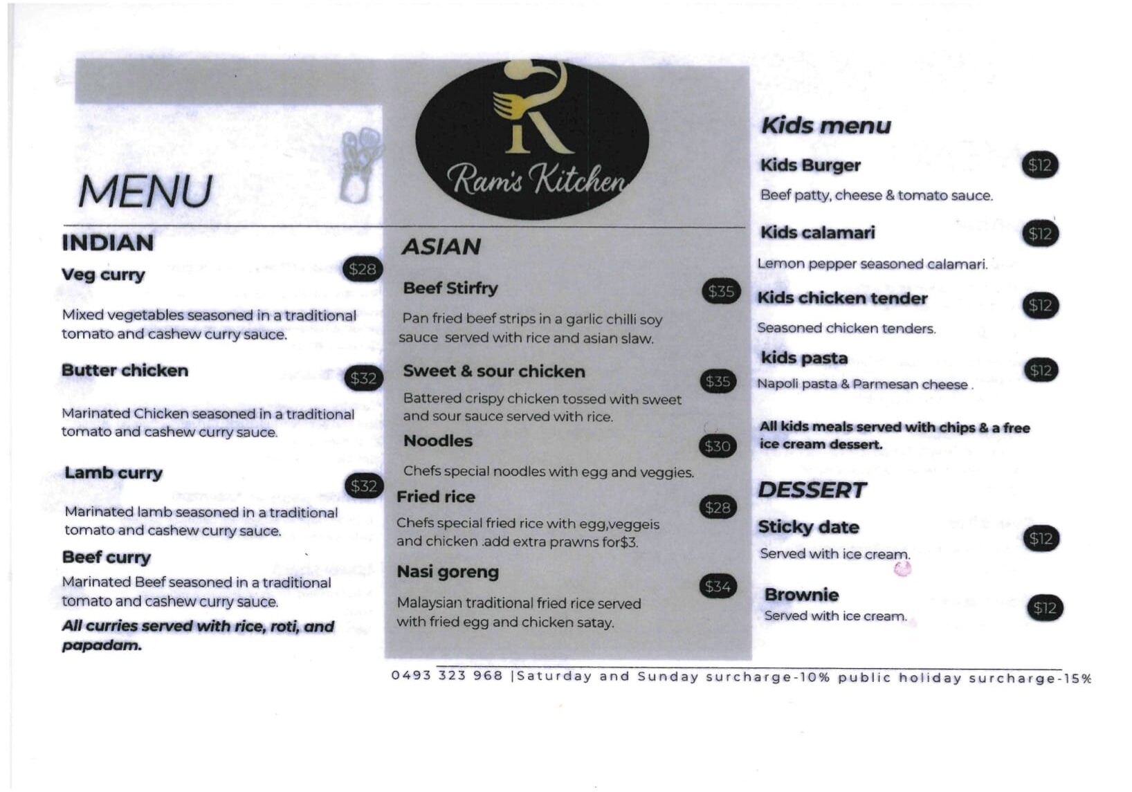 Ram Catering menu 1